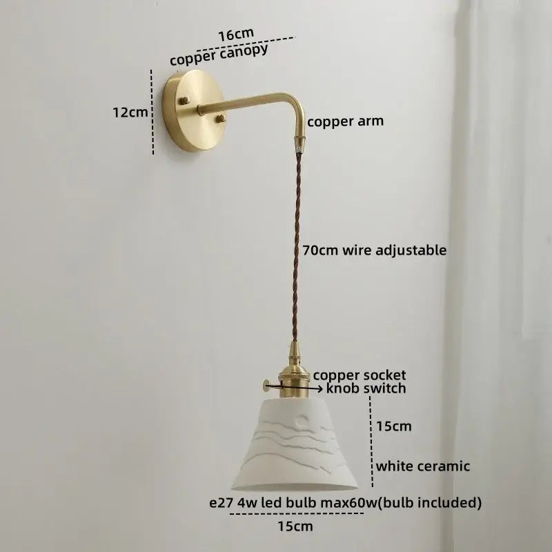 Modern brass and ceramic copper led wall lamp with white ceramic pendant, copper canopy, and decorbites ceramic copper design