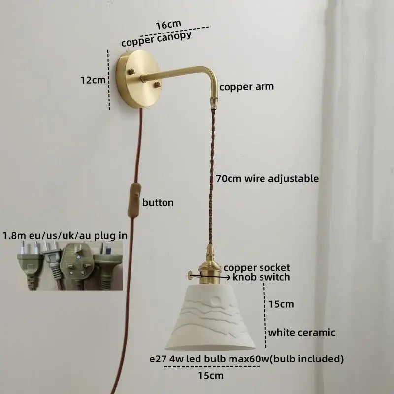 Modern brass and ceramic copper led wall lamp with white ceramic pendant, copper arm, adjustable wire, and brass knob switch