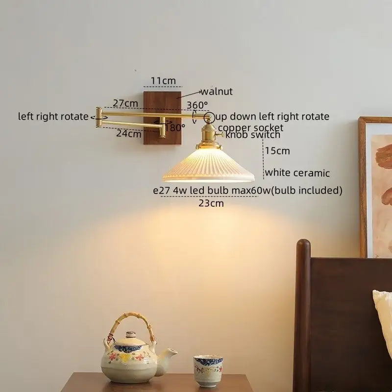 Modern brass and ceramic walnut led wall lights with adjustable brass finish and white ceramic shade for bedroom decorbites wall lights