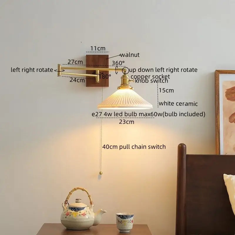 Adjustable brass wall lights with white ceramic walnut lampshade and copper socket for modern bedroom decorbites ceramic walnut led