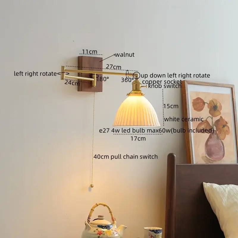 Brass-finished adjustable wall lights with white ceramic walnut led lampshade for bedroom and living room decorbites