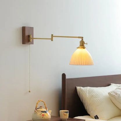 Modern brass wall lights with ribbed translucent glass shade featuring decorbites ceramic walnut led for bedroom use