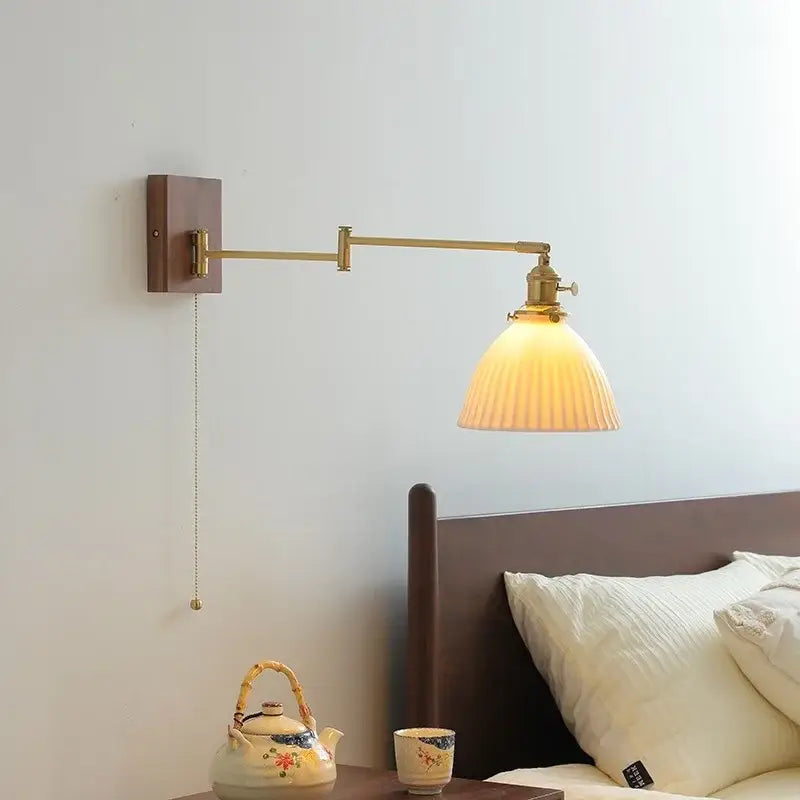 Modern brass wall lights with ribbed translucent glass shade featuring decorbites ceramic walnut led for bedroom use
