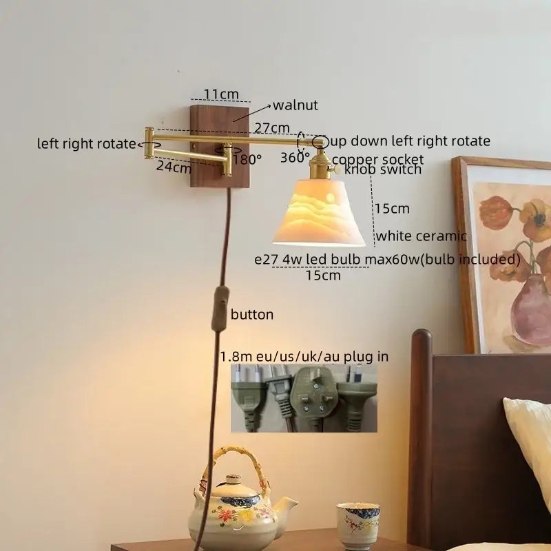 Modern brass and ceramic walnut led wall lights featuring a warm-toned white ceramic walnut lampshade with gradient design