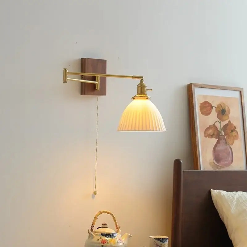 Modern brass wall lights with ribbed off-white glass shade featuring decorbites ceramic walnut led design for bedroom use