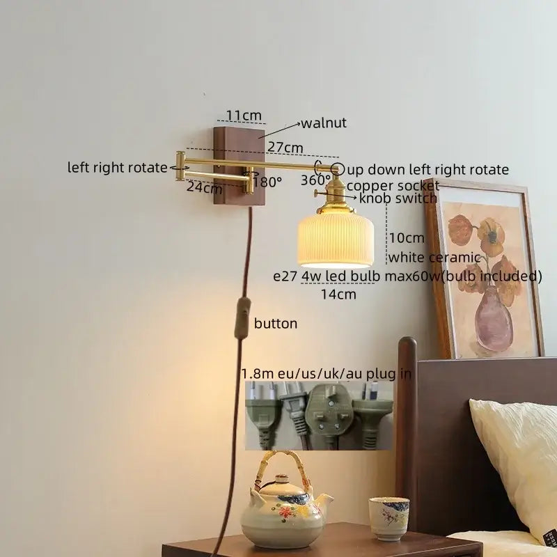 Adjustable wall lights with walnut base brass arm ceramic shade and e27 led bulb for bedroom living room decorbites ceramic walnut