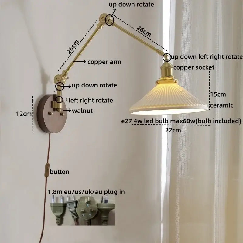 Adjustable brass wall lights with ribbed ceramic walnut led shade and copper arm for bedroom living room decorbites ceramic walnut