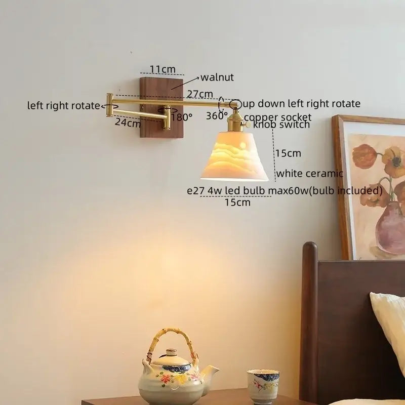 Adjustable brass wall light with ceramic walnut led lampshade and walnut mounting plate for bedroom decorbites wall lights