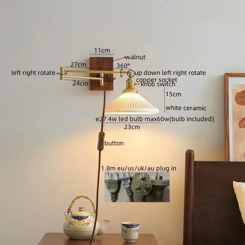 Brass-finished adjustable wall lights with white ceramic shade and copper socket for decorbites ceramic walnut led lighting