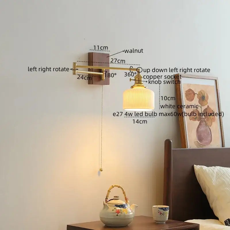 A warm-toned modern brass wall light with ceramic walnut led shade and adjustable arm for bedroom decorbites ceramic walnut