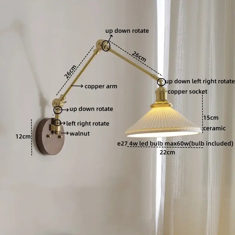 Adjustable brass copper arm wall light with ribbed ceramic shade for modern ceramic walnut led decorbites interior lighting