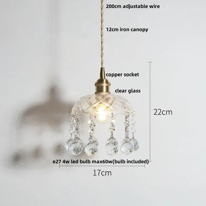 Modern brass and clear glass led pendant lamp with brass copper socket and crystal droplets for dining room decorbites clear glass