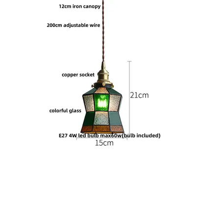 Modern brass pendant lamp with multi-colored stained glass shade and clear glass led accents for dining room decorbites clear glass