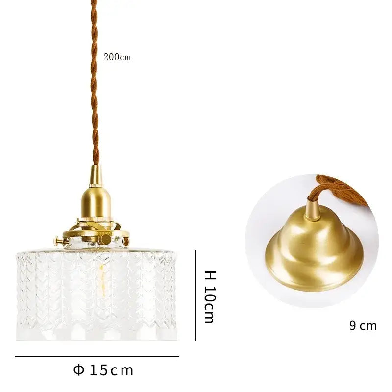 Modern brass and clear glass led pendant light with textured decorbites clear glass and twisted brown cord for dining room