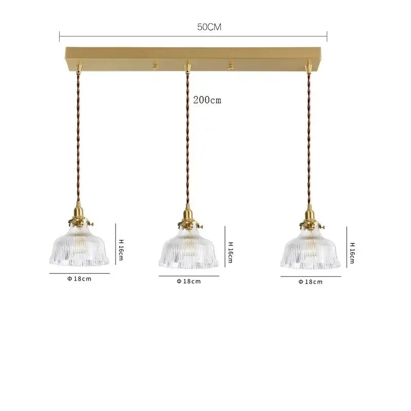 Modern brass pendant light with gold-toned three lights, clear glass led fluted shades, and twisted bronze cords for dining room decorbites clear glass