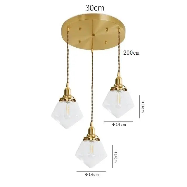 Modern brass pendant light with three diamond-shaped clear glass led shades suspended by twisted cords for dining room decorbites clear glass