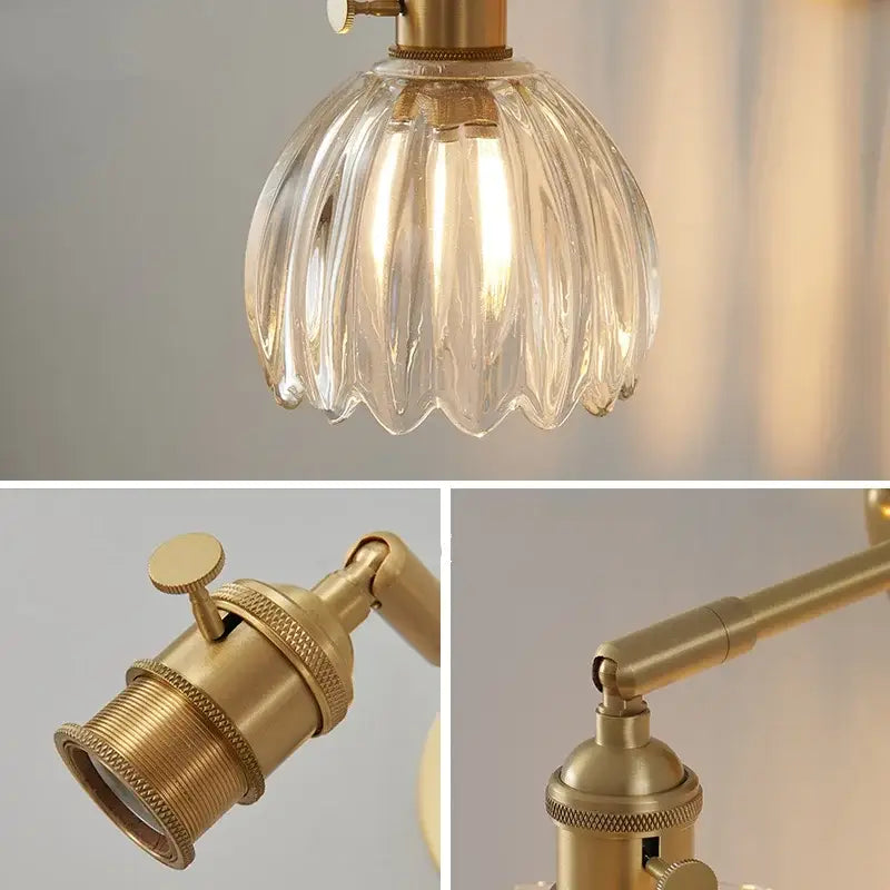 Vintage-style brass wall light with clear ribbed glass shade for bedroom decor featuring decorbites clear glass design