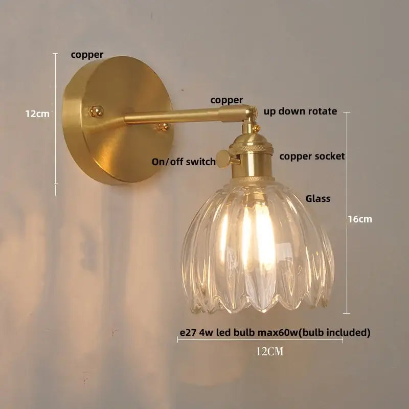 Modern brass wall lights with clear glass fluted shade and adjustable copper arm for bedroom decorbites clear glass