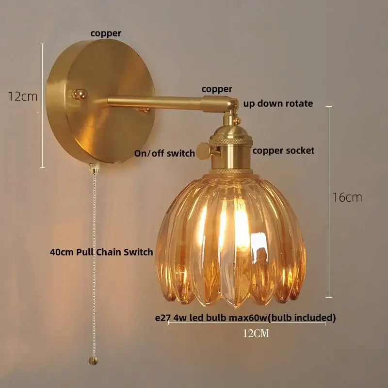 Vintage-style copper wall sconce with fluted amber glass shade and pull-chain switch for decorbites clear glass wall lights