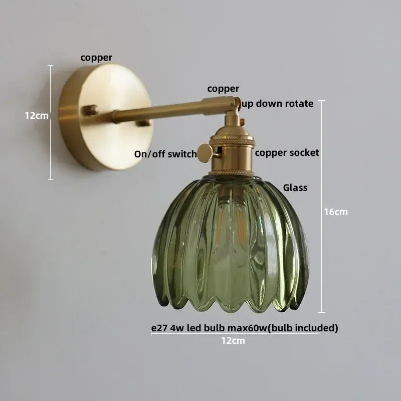 Modern brass wall lights featuring a vintage brass copper finish and olive green ribbed glass shade by decorbites clear glass