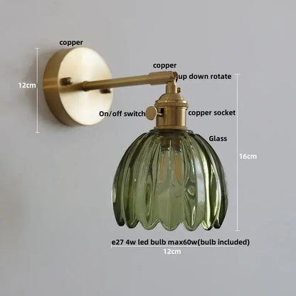 Modern brass wall lights featuring a vintage brass copper finish and olive green ribbed glass shade by decorbites clear glass