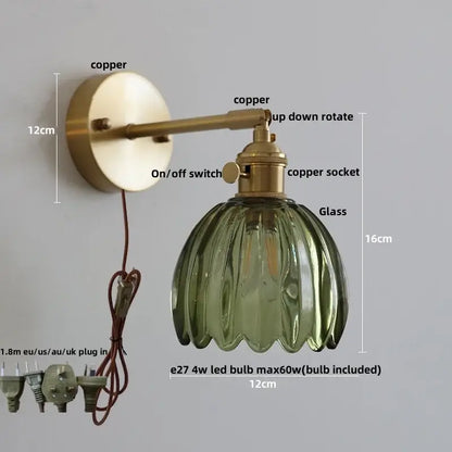 Modern brass and clear glass wall lights with a brass copper finish and olive green ribbed glass shade for bedroom decorbites clear glass