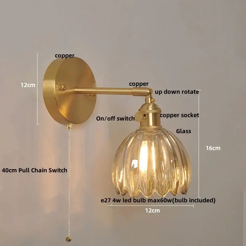 Vintage-style copper wall lights with clear glass ribbed shade and pull chain switch for decorbites clear glass collection