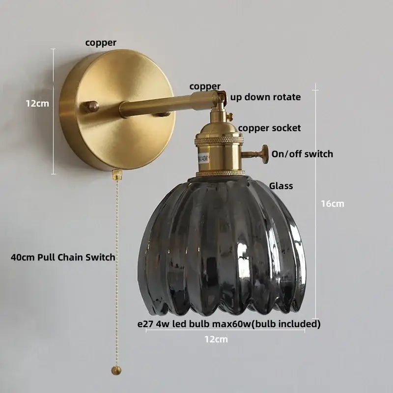 Modern brass wall lights with brushed copper finish and dark ribbed glass shade for bedroom decorbites clear glass design