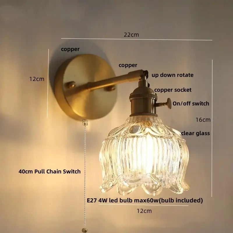 Antique brass-finished wall lights with clear glass ribbed shade and 40cm pull chain switch for modern decorbites clear glass design