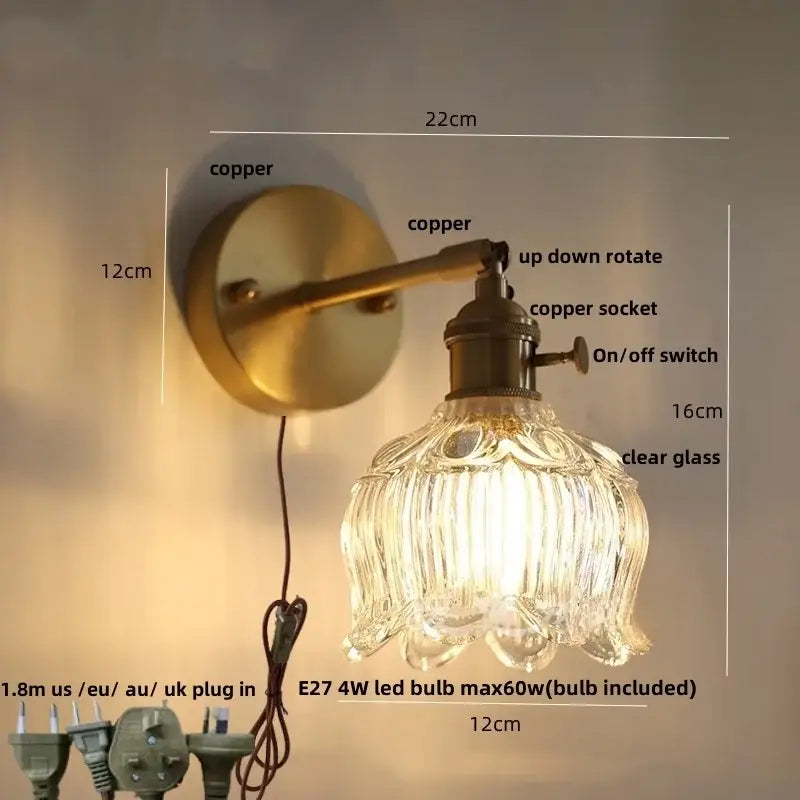 Modern brass wall lights with vintage-style copper finish and clear ribbed glass shade for bedroom decorbites clear glass