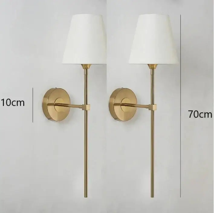 Gold-finished modern brass and cream fabric led wall lamp with white shade for bedroom wall lamps installation