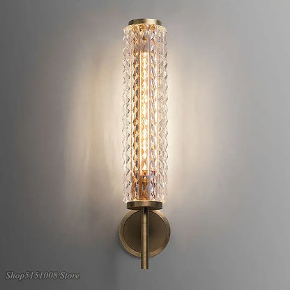 Modern brass and crystal copper wall sconce with clear faceted glass and warm light for living room decorbites crystal copper