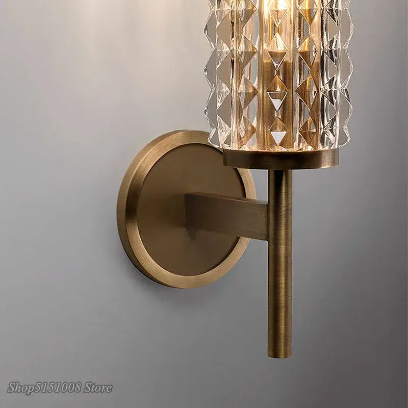 Modern brass and crystal copper wall sconce with faceted crystal glass shade for living room lighting decorbites crystal copper