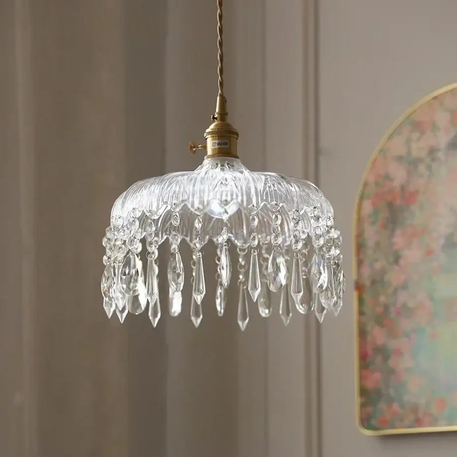 Modern brass and crystal glass led pendant lamp with clear glass chandelier and hanging crystal droplets for dining room decorbites crystal glass