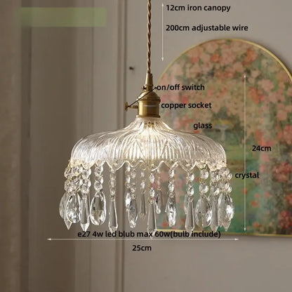 Modern brass and crystal glass led pendant lamp with delicate clear glass and crystal teardrops for dining room decorbites crystal glass