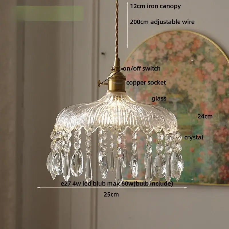 Modern brass and crystal glass led pendant lamp with delicate clear glass and crystal teardrops for dining room decorbites crystal glass