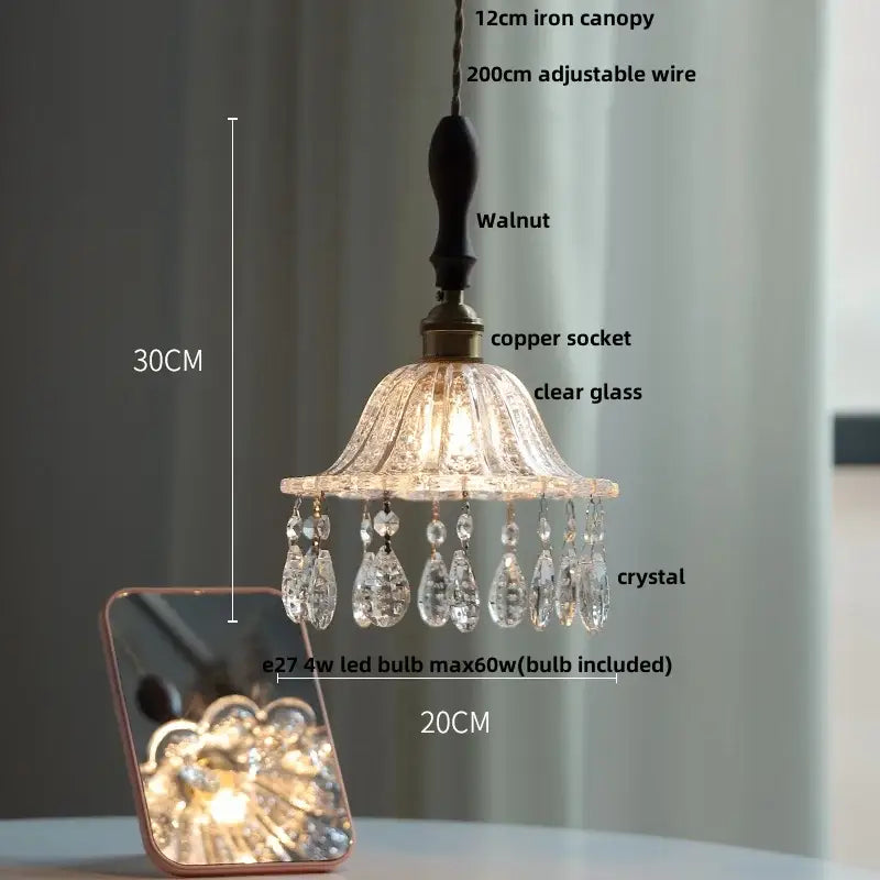 Modern brass and crystal glass led pendant lamp with walnut iron canopy clear glass shade and crystal glass led drops