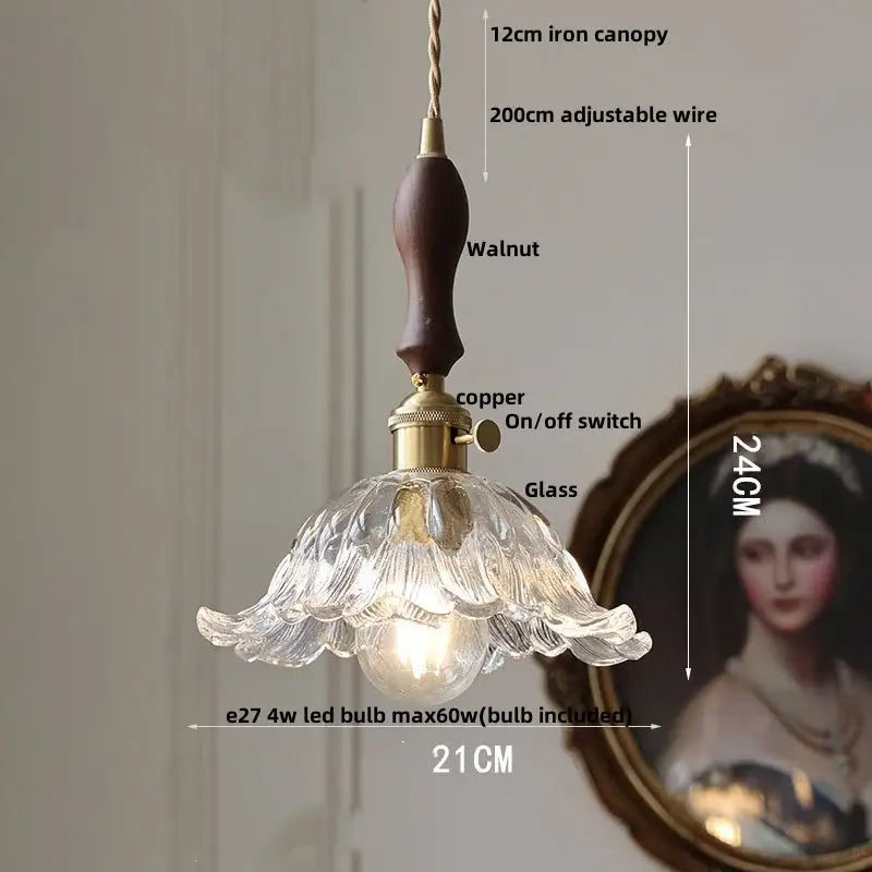 Modern brass and decorbites crystal glass led pendant lamp with clear fluted glass and walnut wood handle for dining room decor