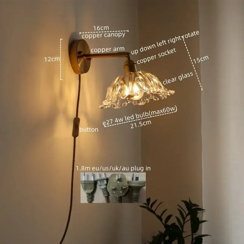 Modern copper wall lamps with clear glass shade featuring led wall design for bedroom sconce lighting