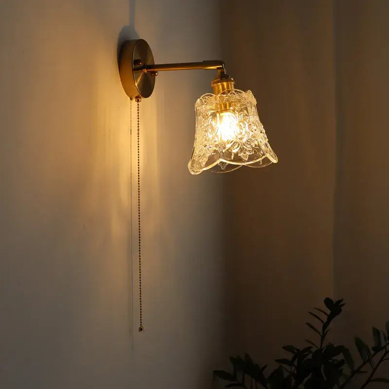 Modern brass and crystal led wall lamps bedroom sconce with vintage brass and ornate clear glass floral etched shade