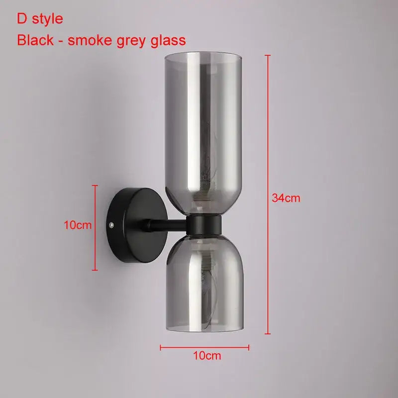Modern black d-style wall lamps with two smoked grey decorbites glass ball shades for bedroom sconces