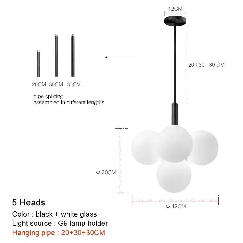 Modern black and white glass chandelier with five spherical bulbs featuring decorbites elegant glass for dining decor