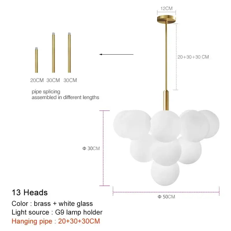 Modern brass and frosted glass chandelier with 13 spherical bulbs for living room dining decor by decorbites elegant glass chandelier