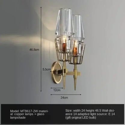 Modern brass and glass bedside table lamp wall sconce with two clear glass lampshades for bedroom use
