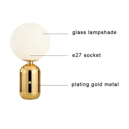 Modern brass and glass desk lamp with gold-plated metal base and frosted globe shade for bedroom decorbites glass desk
