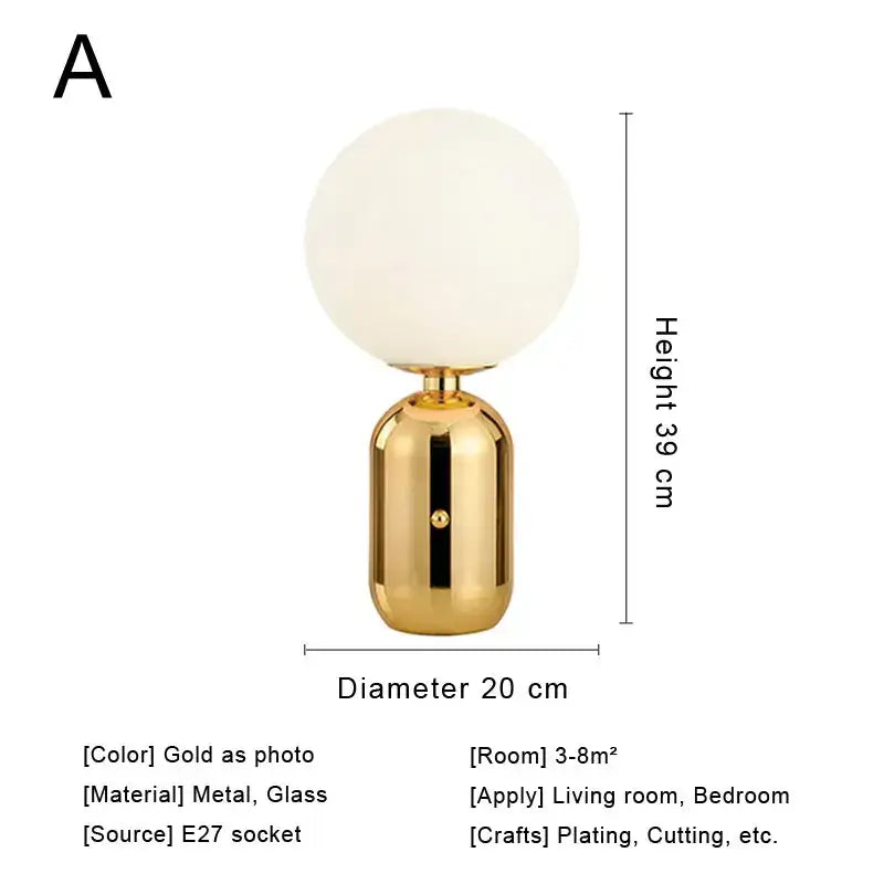 Modern brass and glass desk lamp with gold finish metallic base and frosted glass globe for bedroom decorbites glass desk