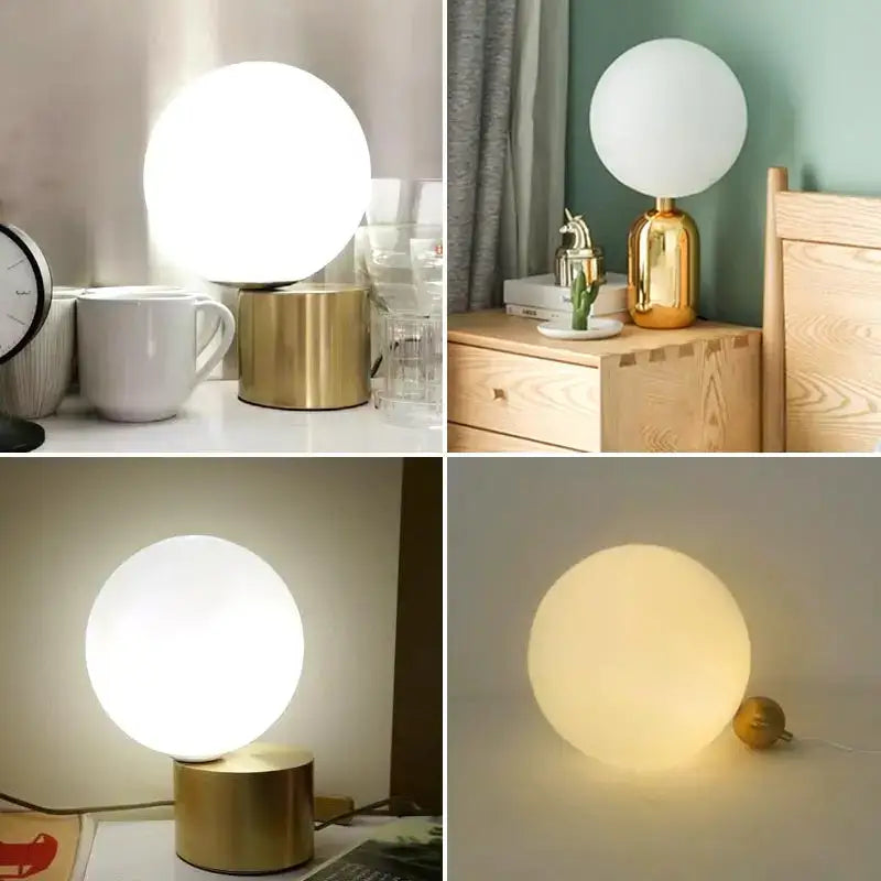 Modern brass and glass desk lamp with gold finish and frosted spherical glass shade for bedroom decorbites glass desk use