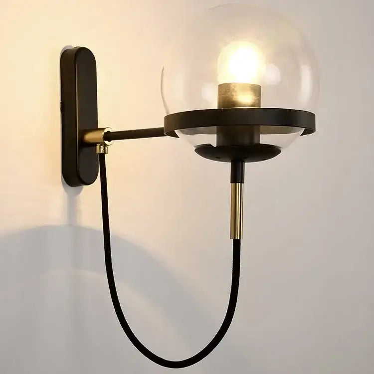Modern black and brass led wall lamps with clear glass globe for bedroom sconce light fixtures