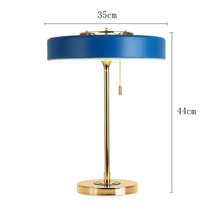 Modern brass and glass led table lamp with sleek blue circular lampshade and pull-chain switch for decorbites scandinavia lighting