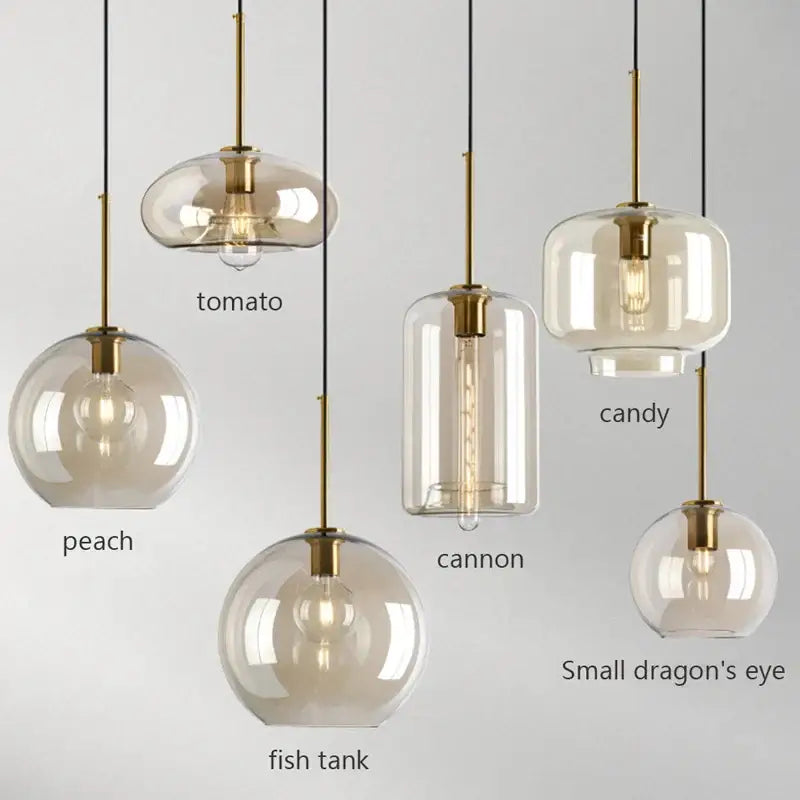 Set of six modern brass and glass pendant light with iron finish and cord pendant installation for dining room use